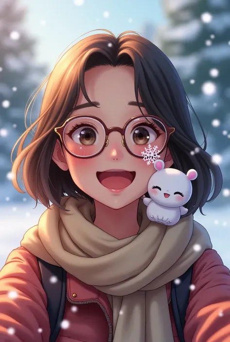  A woman of medium height ,brown medium hair ,spectacled, is a young happy woman taking a selfie when it snows with me on her cheek with me on her cheek