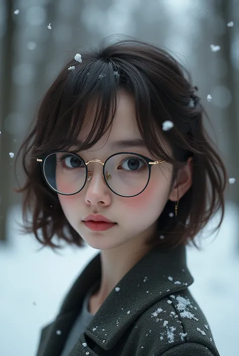 a girl with glasses, brown hair and short hair, medium height, taking a photo in the snow, beautiful detailed eyes, beautiful detailed lips, extremely detailed eyes and face, long eyelashes, portrait, realistic, photorealistic, photo-realistic:1.37, (best ...