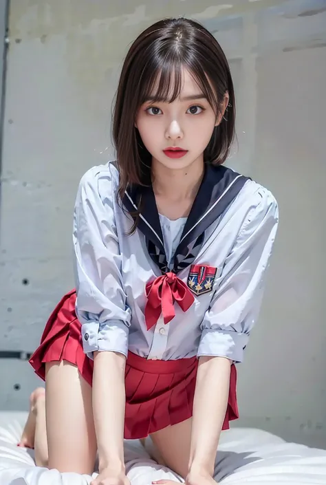  sailor suit 、White summer clothes、The collar is black 、 white three lines 、 sailor suit の丈は短い、 red scarf length is short、 pleated skirt、 the pleats are narrow 、 black skirt、 length short skirt 、 Mini Skirt、Furious face、Angry face、Droopy eyes、 her eyes are...