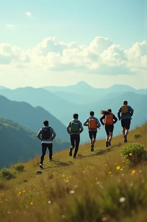 People running laptop in hill top