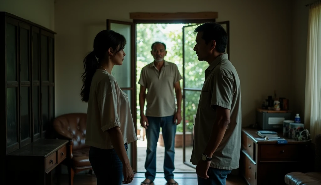 A tense moment in a modest, slightly worn-down house in Chiang Mai. The two main characters, a woman and a private detective, are standing face-to-face with a middle-aged man, the suspect, standing in the doorway. The man has a stern expression, his eyes w...