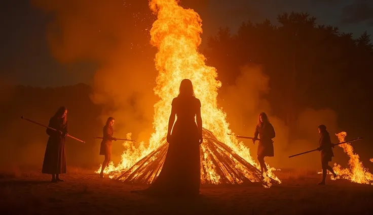  Original perspective playing with lighting and elongated shadows produced by fire at night and embers flying in the air giving bright orange tones that generate a magical atmosphere .  At the top of a vaulted funeral pyre where Karl Drogo, who died in a V...