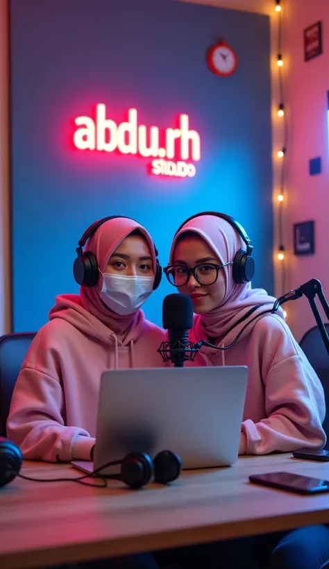  A very realistic depiction of a professional podcast or streaming studio setting .  The scene features a beautiful 2 girl dusuk terpisah ,cute face ,vanrak ayyanas ,  wearing a medical mask and stylish clothes,black hijab ,Indonesia,stylish hoodie  pink t...