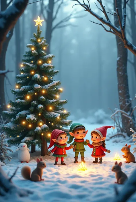 Four elf ren 
Two boys two girls 
winter forest 
Christmas tree 
campfires 
white dove
squirrels 