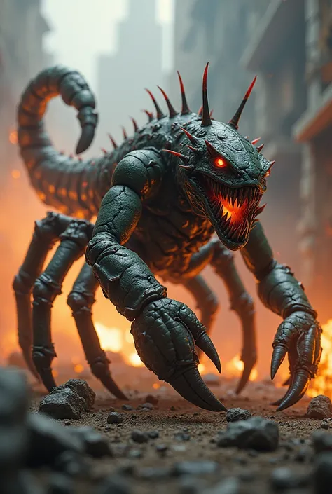 "A terrifying humanoid scorpion creature with a muscular, insectoid body. It has a chitinous exoskeleton, sharp claws, multiple legs, and a menacing tail poised to strike. The creatures glowing, predatory eyes and gaping mouth filled with sharp teeth exude...