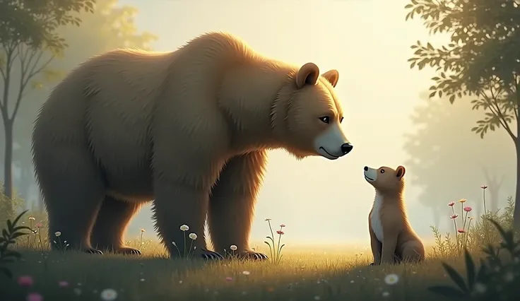 The bear’s presence feels oddly comforting, creating a moment of quiet connection.
