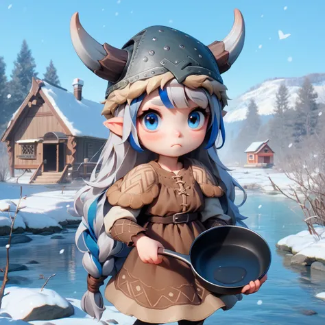 cute 3d animation, (24yo Norwegian-Nepalese woman long silver hair with blue highlights:1.24), (wearing a horned viking hat:1.22), brown feathered dress, (carrying a frying pan:1.16), (on the bank of a snowy river and in the distance there is a wooden hous...