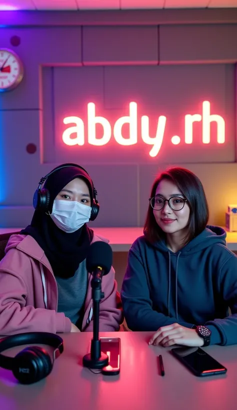  A very realistic depiction of a professional podcast or streaming studio setting .  The scene features a beautiful 2 girl duduk terpisah ,cute face ,vanrak ayyanas ,  wearing a medical mask and stylish clothes,black hijab ,Indonesia,stylish hoodie  pink t...