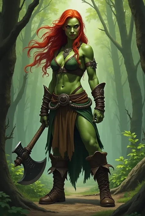 arafed woman with red hair and a large axe in a forest, female orc, green orc female, half orc half elf woman, a very beautiful berserker woman, orc themed, female orc forest druid, half - orc, orc warrior, goblin female portrait, orc, an orc, female troll...