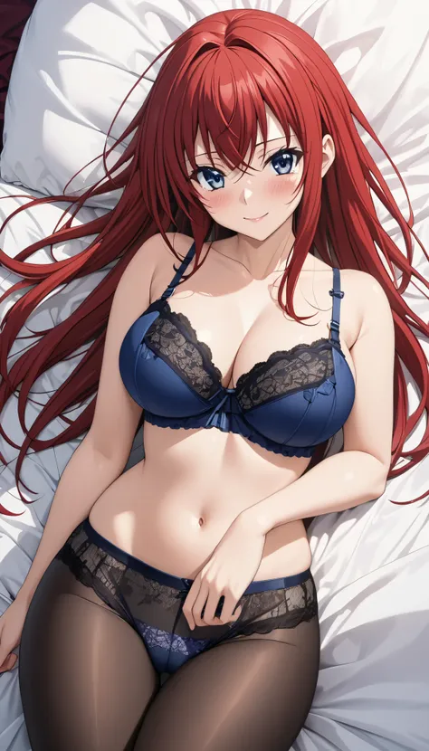 Masterpiece, Best quality, Very detailed, Maximum resolution, Realistic textures, Anime style, Thick line, background, bed, From the High School DxD series, Rias Gremony, Long red hair, Blushing, Blue eyes, Dark colored eyes with different colors, Big Brea...