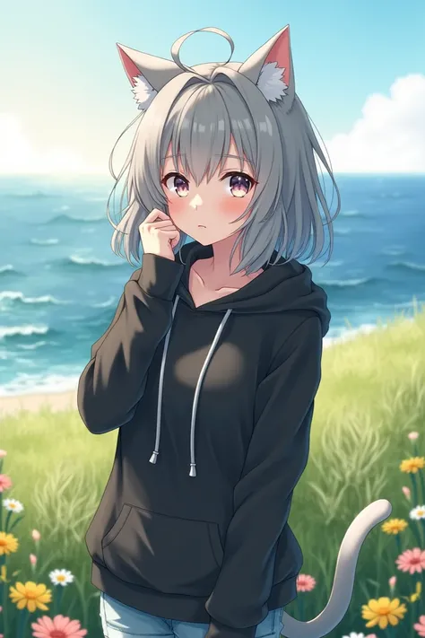  gray-haired anime girl in a black hoodie is posing in a field at the Gulffront., 걸프론트에서, Anime style, artwork in the style of guweiz,  Pixiv ArtStations Guweiz ,  girlfront style , Anime style, ArtStation Pixivs Guweiz ,  anime girl with cat ears , Cute A...