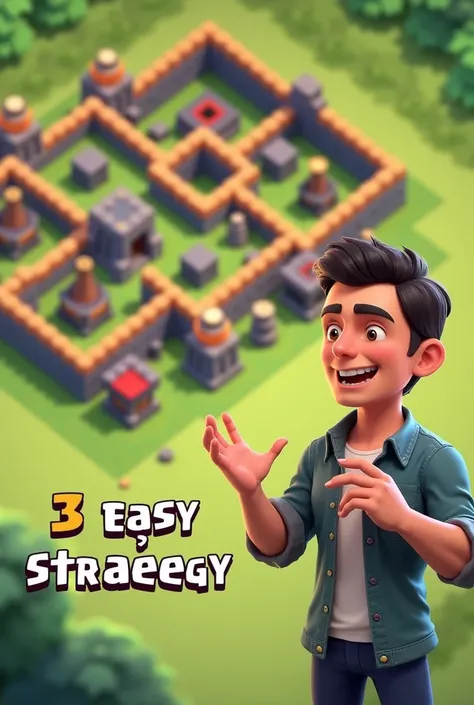 A thumbnail about how to 3 stars in clash clan strategy with a man teaching how to do it show clash of clan base as well larger include Khmer word ‘យុទ្ធសាស្រ្តងាយៗ

