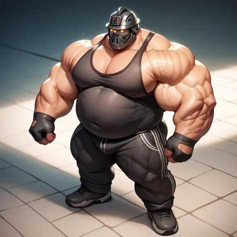 a big giant man with musclegut tall body with big fat belly. he wear black shirt on it, black gloves, black pants, and black cyborg helmet that cover his face. Full body, standing, solo, 1man, very big, very tall, very wide, very muscular, very fat, big gu...