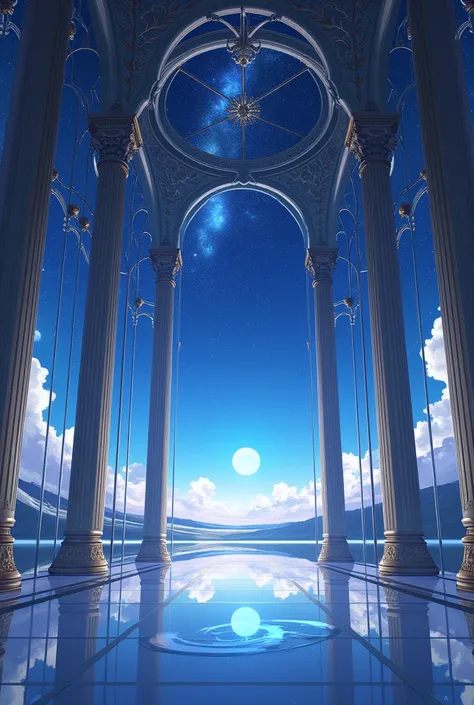  **splash art ** only background , ((honkai star rail )) , ***no character*** ,hall of mirrors that have windows that shows a beautiful night sky with stars  , illustration