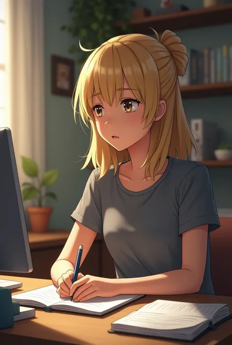 a blonde girl, with gray t-shirt with collar behind a desk table,  a notebook and a printer  