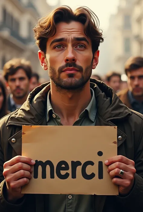 A brown-haired man with brown hair holding a sign written Merci watching spectators