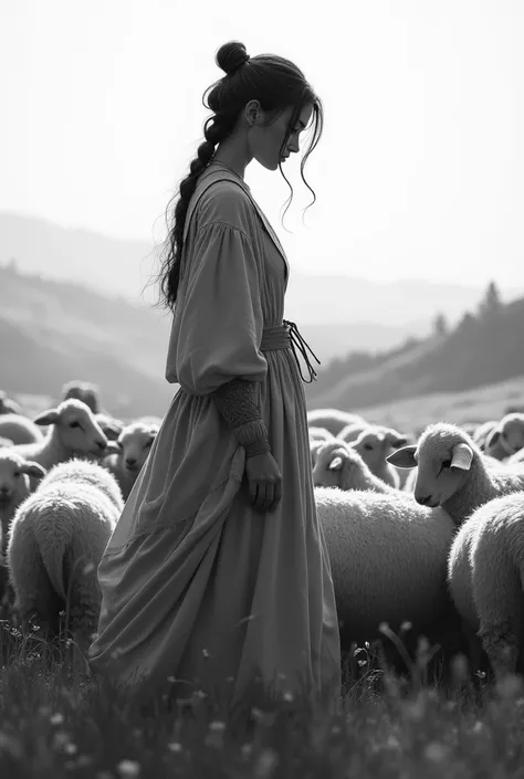 Female shepherdess in black and white
