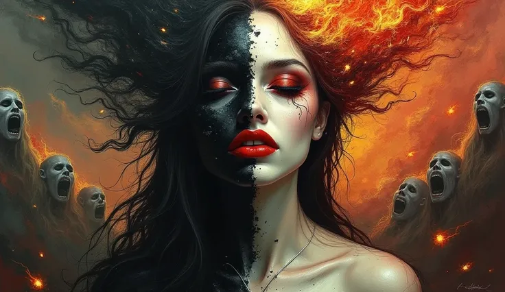 The Horror of Humanity
"An abstract image showing a split face of a beautiful sexy big boobs, big breasts, long hair, red lips, full body mother, one side loving and the other monstrous, with the background depicting fire and crying faces.