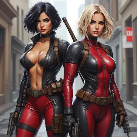  A beautiful woman , Domino ( personaggio Marvel ) short black hair ,  a black spot on my left eye.  She wears a tight black leather jumpsuit completely open on her breast. She is armed with a gun ,  in combat pose with a sly smile . Accanto a lei arriva L...