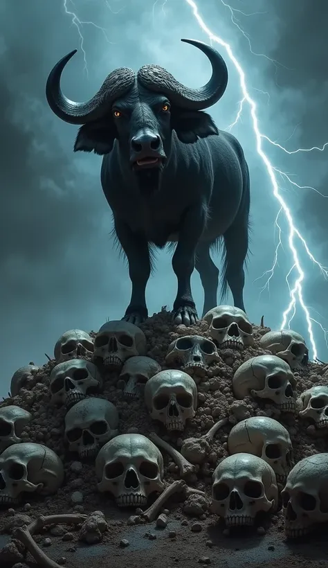 "Create a dramatic and imposing scene of a powerful Cape buffalo standing triumphantly atop a massive pile of skulls. The buffalo has a muscular and sturdy build, with its dark, thick coat and large, curved horns that sweep outward in a menacing display. I...