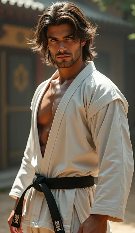  Karateka very strong and handsome Western, with semi-long disheveled brown hair 