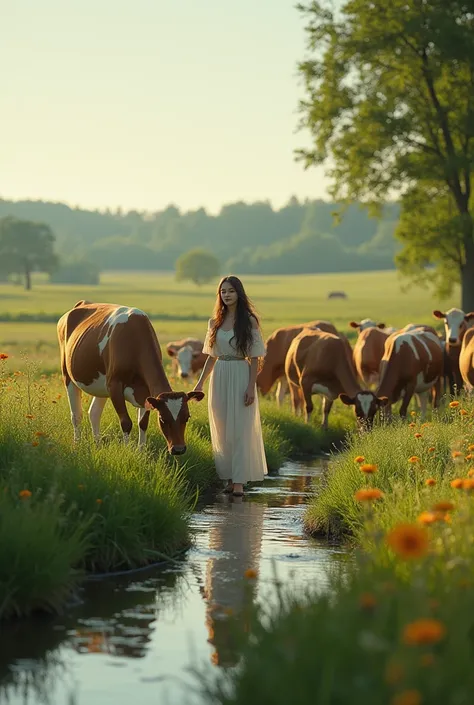 Make a photo of a beautiful girl grazing cows in a secluded place