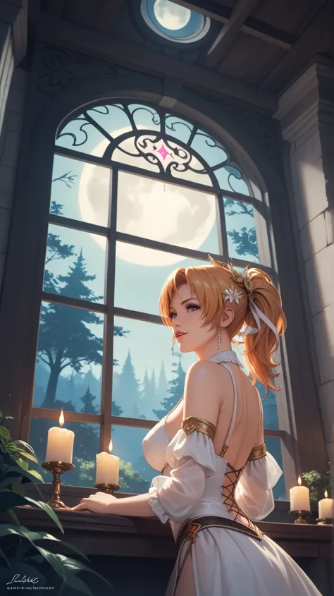 A lonely tower rises above a misty, dark forest under a full moon. Inside, a beautiful princess with glowing, snake-like hair looks out the window longingly. Her hair moves as if alive, glowing faintly in the dim light. The atmosphere is haunting yet magic...