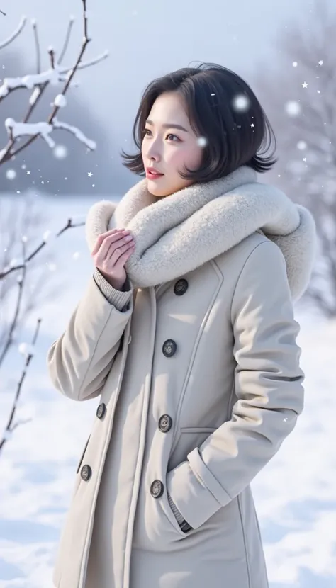 Beautiful winter scenery . Snow flurries. Beautiful scenery ,  A beautiful Korean woman in her 50s  . short medium length hair .  is wearing a luxury winter coat.  Looking at the camera .