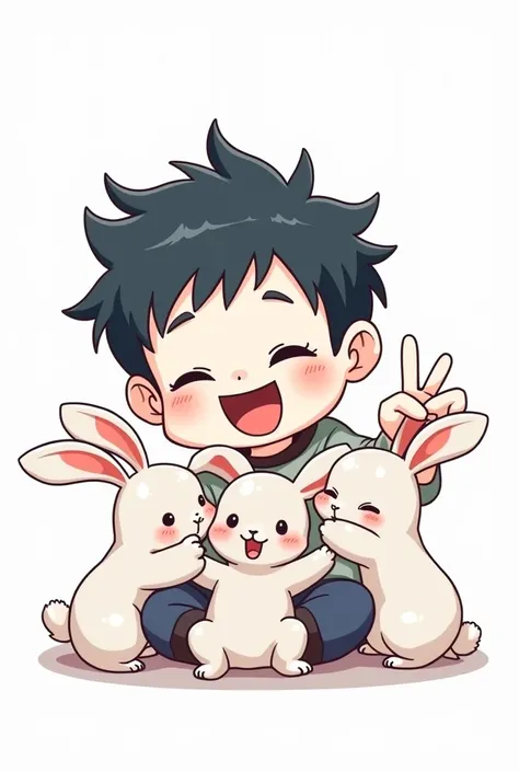 White background, doodle art, chibi, a boy with big smile, holding bunnies, making peace with hand, white skinned, happy face, cool black hair