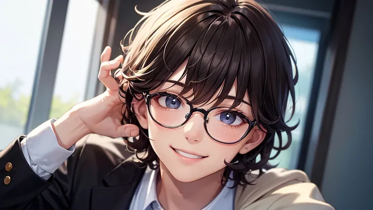  super detailed,   ultra-high definition portrait of a young man with short curly hair  ,  wearing glasses, and、Im blurring it slightly to draw attention to the warmly smiling  .  The lighting is soft and natural ,   emphasizes his cheerful expression and ...