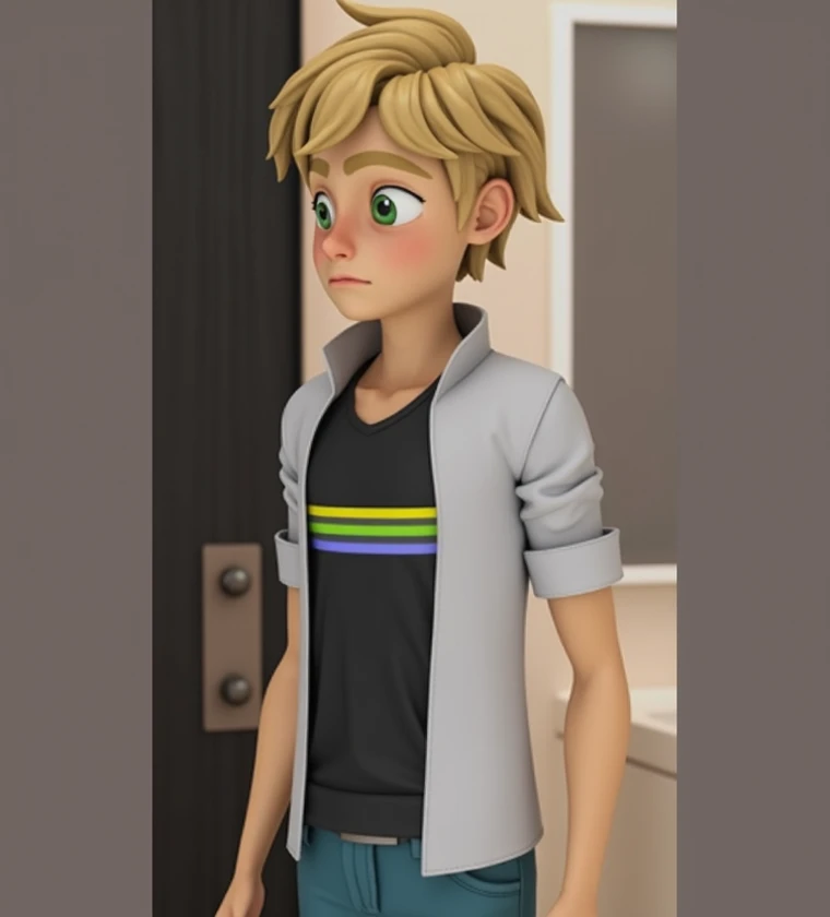 Make scene Of Adrien agreste look down to his stomach is growling and put his hand to his stomach