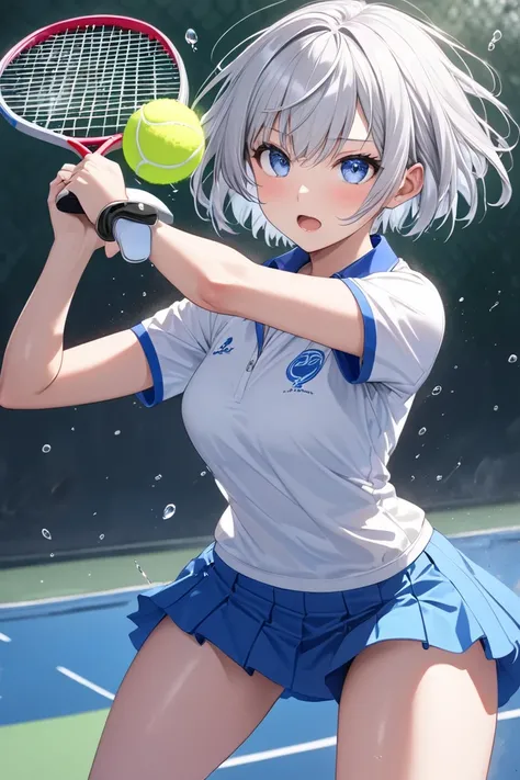 masterpiece、 best quality，One high school girl， Silver Hair，Short hairstyles on the side ， blue eyes， Shortcut Hair、Tennis Spray Final Match ，High school tennis club captain， dynamic sports motion 、The moment I hit the ball with my racket 、 An aphrodisiac ...