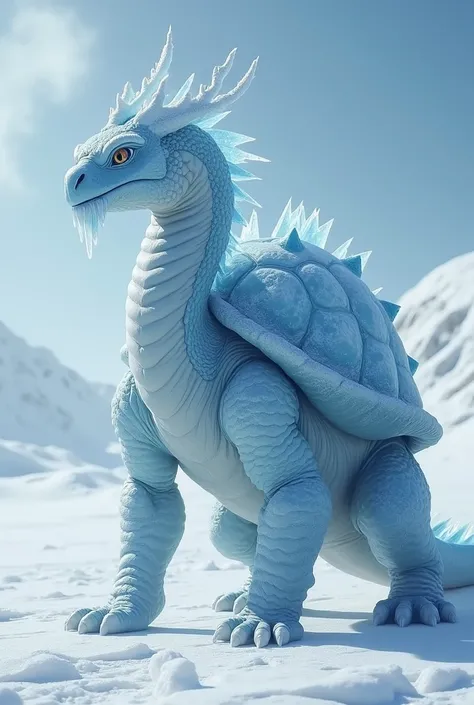 Create a majestic hybrid creature with the body of an ice dragon and the hard shell of a tortoise. The ice dragons frosty scales and the tortoises tough armor create a powerful fusion. The environment should be a snowy desert with icy dunes, emitting cold ...