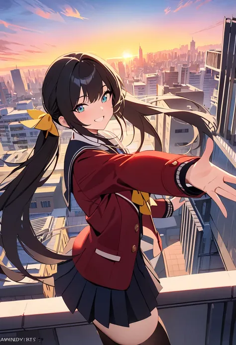 masterpiece, best quality, highres, aawendy, long hair, twintails, hair ornament, school uniform, yellow bow, red jacket, long sleeves, black skirt, black thighhighs, rooftop, sunset, outstretched arms, smile, city, cowboy shot