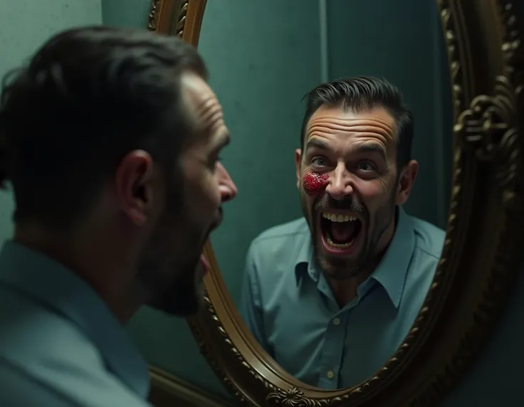 (photorealism) a guy facing the bathroom mirror looking hysterical while the reflection in the mirror is smiling with spots of blood on his cheek