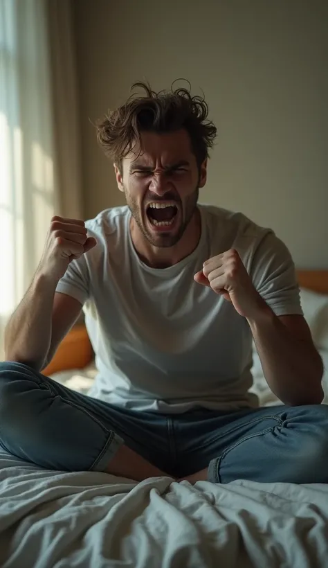  A young man looks frustrated angry sitting on bed and Punch 