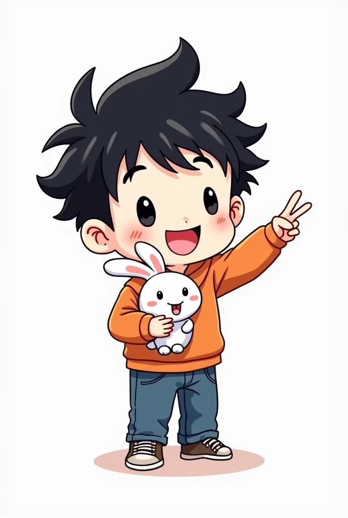 White background, doodle art, chibi, a boy with big smile, holding bunny, making peace with hand, white skinned, happy face, cool black hair, happy, landscape 