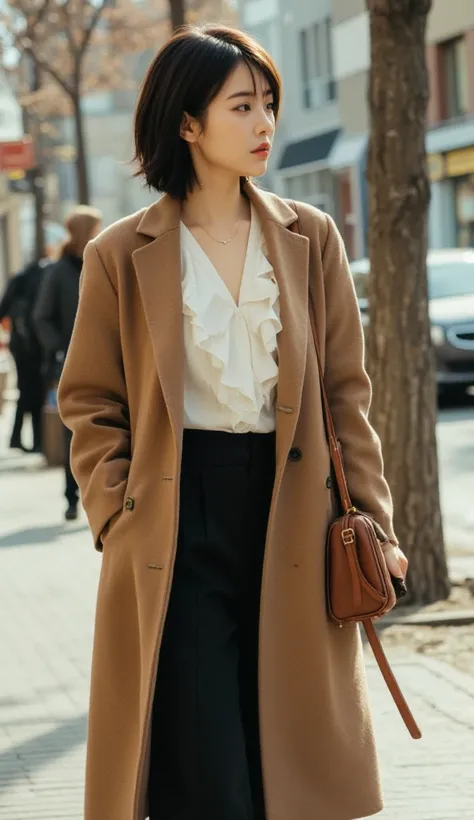 (profile:1.8), in the morning, He saw a Japanese beautiful woman, age 28, medium short hair. big breast. She is walking in front of a apparel shop. wearing the key fashion trends for Winter 2024, brown long coat, white frill blouse. black wide-pants, carry...