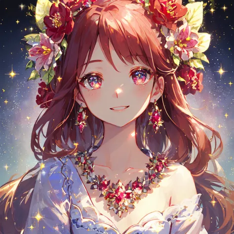 1 Girls Masterpiece 、 best quality、shape、 Dazzling Smile 、Ruby Eyes and Hair 、 ruby earrings 、 Ruby Necklaces、Fairy、cute、(moving lighting:1.2)、 cinematic lighting、Delicate features、Fine grain、 sharp pupils、Realistic student、 written depth of border 、Bokeh、...