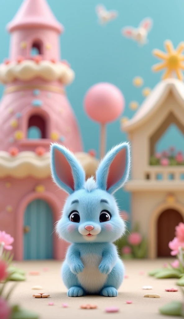  small rabbit in front of the cake house　Little blue rabbit 　1 person　 standing on two legs facing the front 　cute