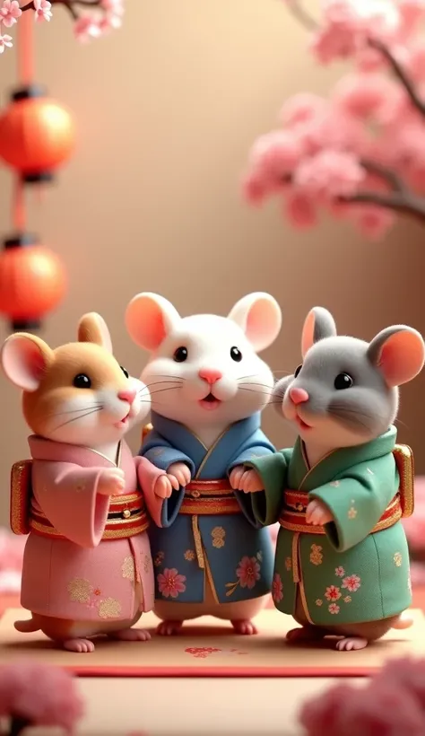 "Create a 3D-rendered image of three playful hamsters in a cheerful scene. Each hamster has a distinct fur color—one white, one brown, and one gray. They are wearing traditional クリスマス with intricate patterns and vibrant colors, reflecting different styles....