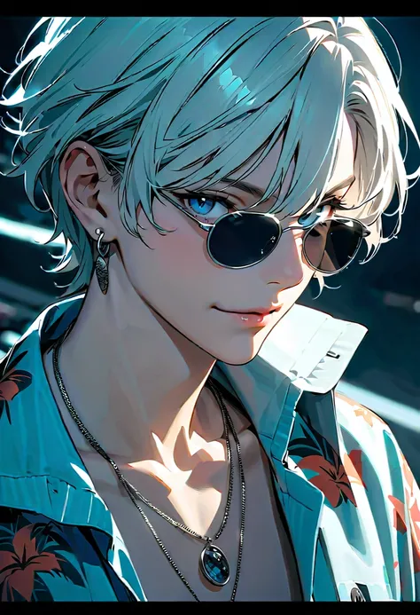 FF,(masterpiece:1.2),best quality,highres,extremely detailed CG,perfect lighting,8k wallpaper,anime,comic,game CG,solo,1boy,male focus,jewelry,solo,white hair,necklace,blue eyes,sunglasses,earrings,shirt,portrait,short hair,black background,collared shirt,...