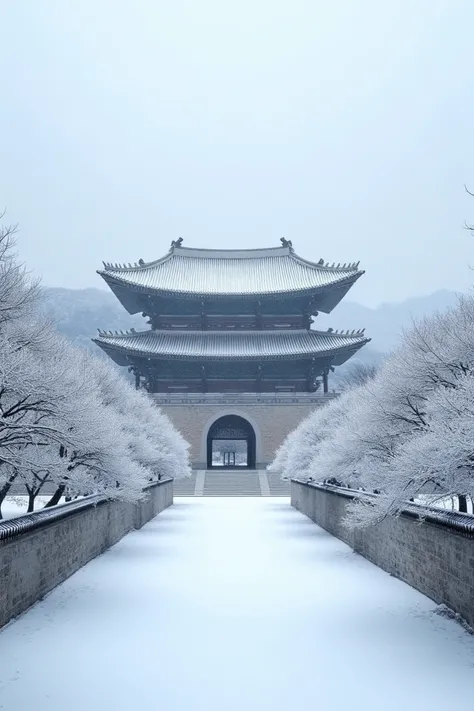 Make an image of a representative attraction sponsored by Changdeokgung Palace where a lot of snow was piled up even though a snow bomb fell after 117 years