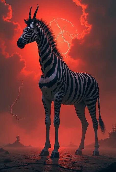 A monstrous hybrid creature combining the features of a zebra and a giraffe into a single, fearsome entity. Its body is tall and muscular, with black-and-white zebra stripes blending into patches of giraffe-like spots. Its elongated neck is powerful and me...