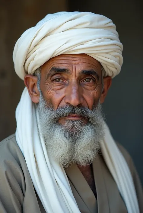 realistic photo of the sheikh wearing a white turban and gray clothes