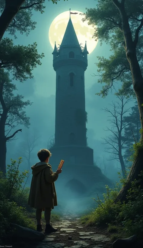 A young woodcarver stands at the base of the tall tower, surrounded by overgrown bushes and broken paths. He looks up at the tower with curiosity and determination, holding a small, ornately carved comb. The scene feels mysterious yet hopeful, with soft mo...