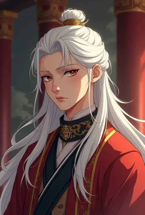 Handsome boy, king without Beard , long white hair , chinese historical webtoon character , boy with slave neck collar , sad , palace 