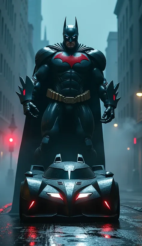 A powerful and cinematic hybrid of Batman and his Batmobile, standing on the same deserted, fog-shrouded street at night. The hybrid combines the essence of Batman’s imposing figure with the mechanical and weaponized design of the Batmobile. The result is ...