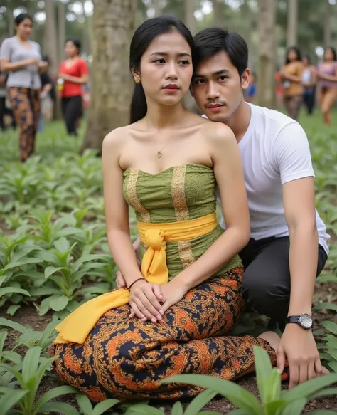 A young Javanese princess, around 25 years old, with a sweet and beautiful face, wearing a traditional simple green strapless kemben made of raw fabric adorned with slight golden ornaments. She is also dressed in a yellow waistcloth and a batik sarong wrap...