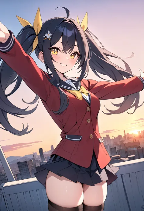 masterpiece, best quality, highres, aawendy, long hair, twintails, hair ornament, school uniform, yellow bow, red jacket, long sleeves, black skirt, black thighhighs, rooftop, sunset, outstretched arms, smile, city, cowboy shot